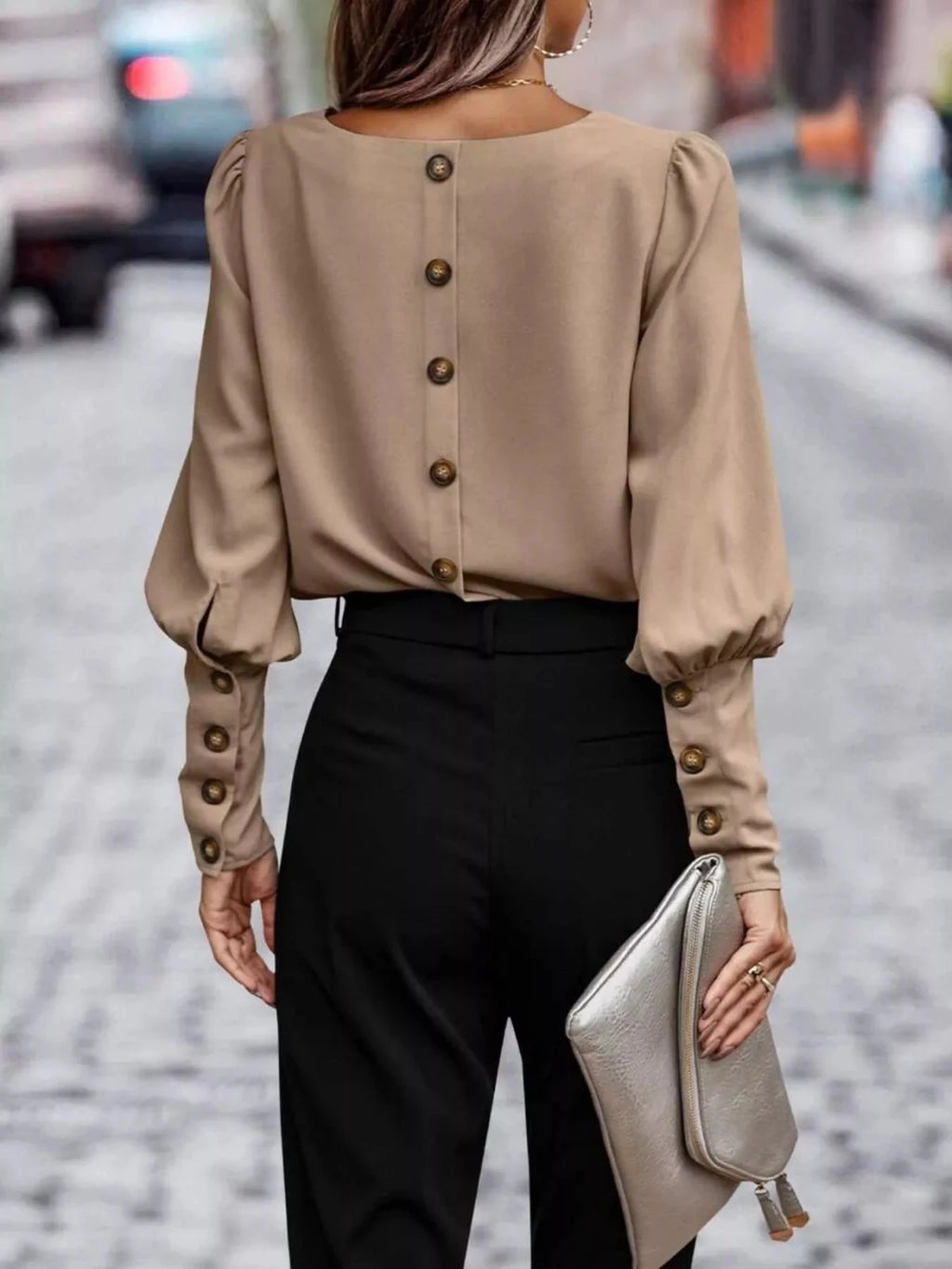 Back Button Lantern Sleeve Blouse - Hinnulus