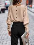 Back Button Lantern Sleeve Blouse - Hinnulus
