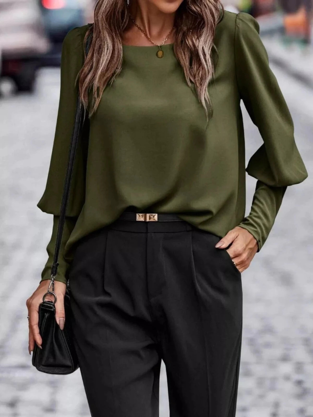 Back Button Lantern Sleeve Blouse - Hinnulus