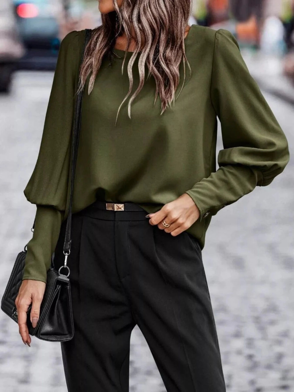 Back Button Lantern Sleeve Blouse - Hinnulus
