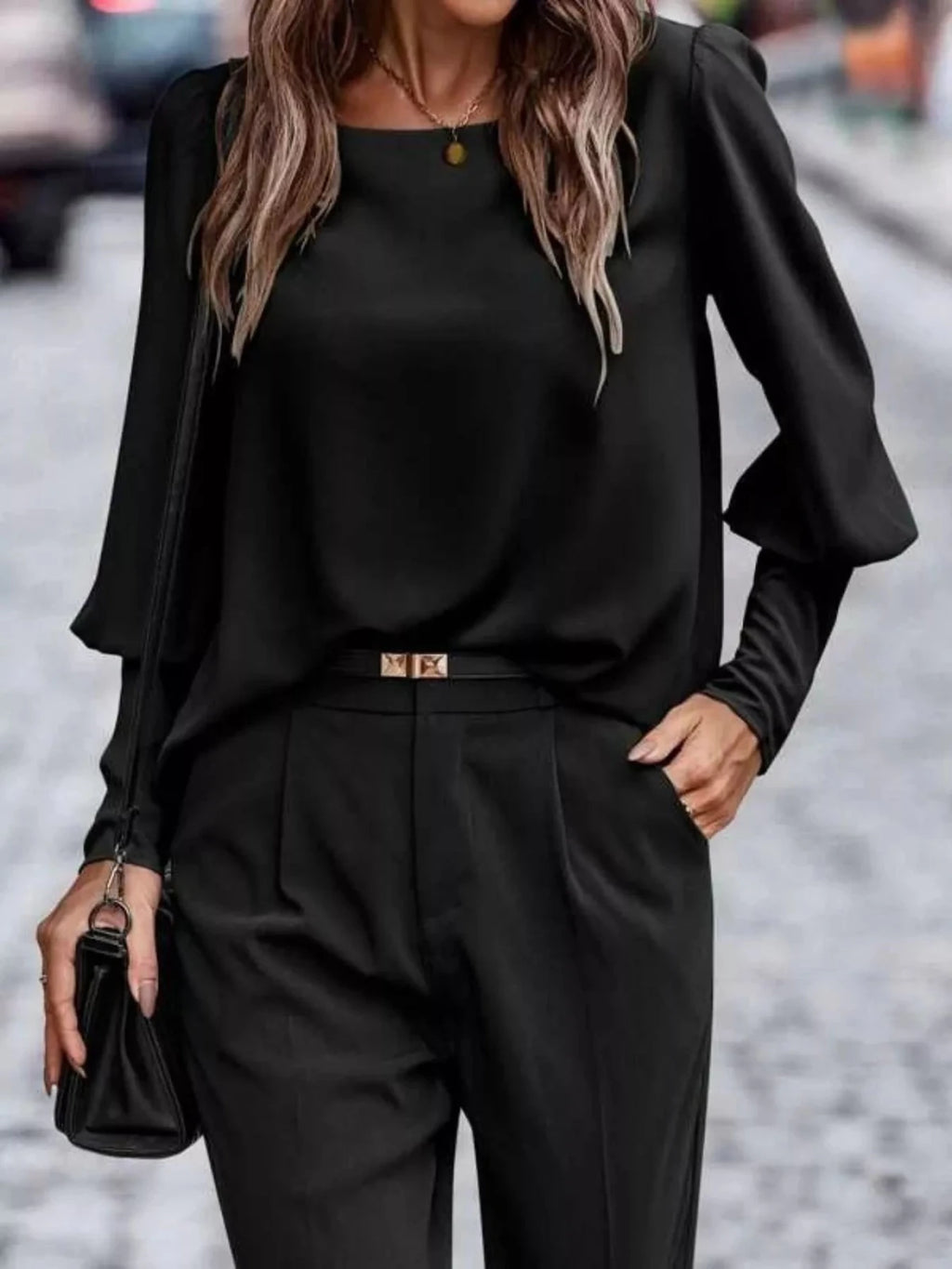 Back Button Lantern Sleeve Blouse - Hinnulus