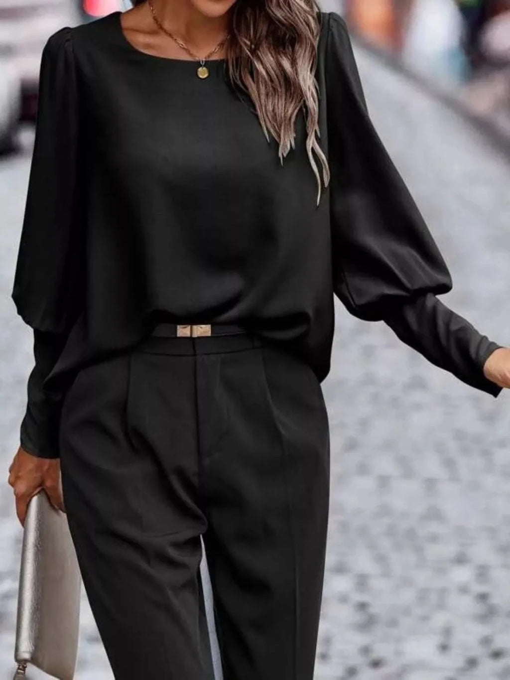 Back Button Lantern Sleeve Blouse - Hinnulus