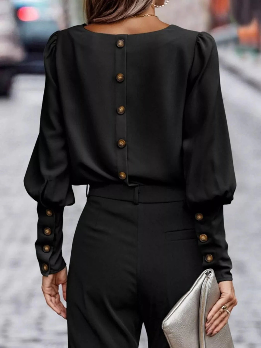 Back Button Lantern Sleeve Blouse - Hinnulus
