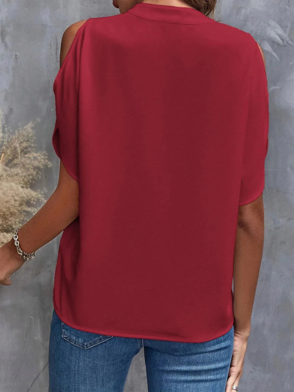 Cold Shoulder Notched Blouse - Hinnulus