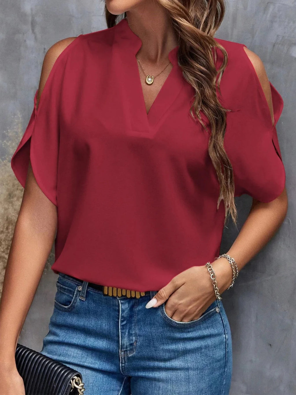 Cold Shoulder Notched Blouse - Hinnulus
