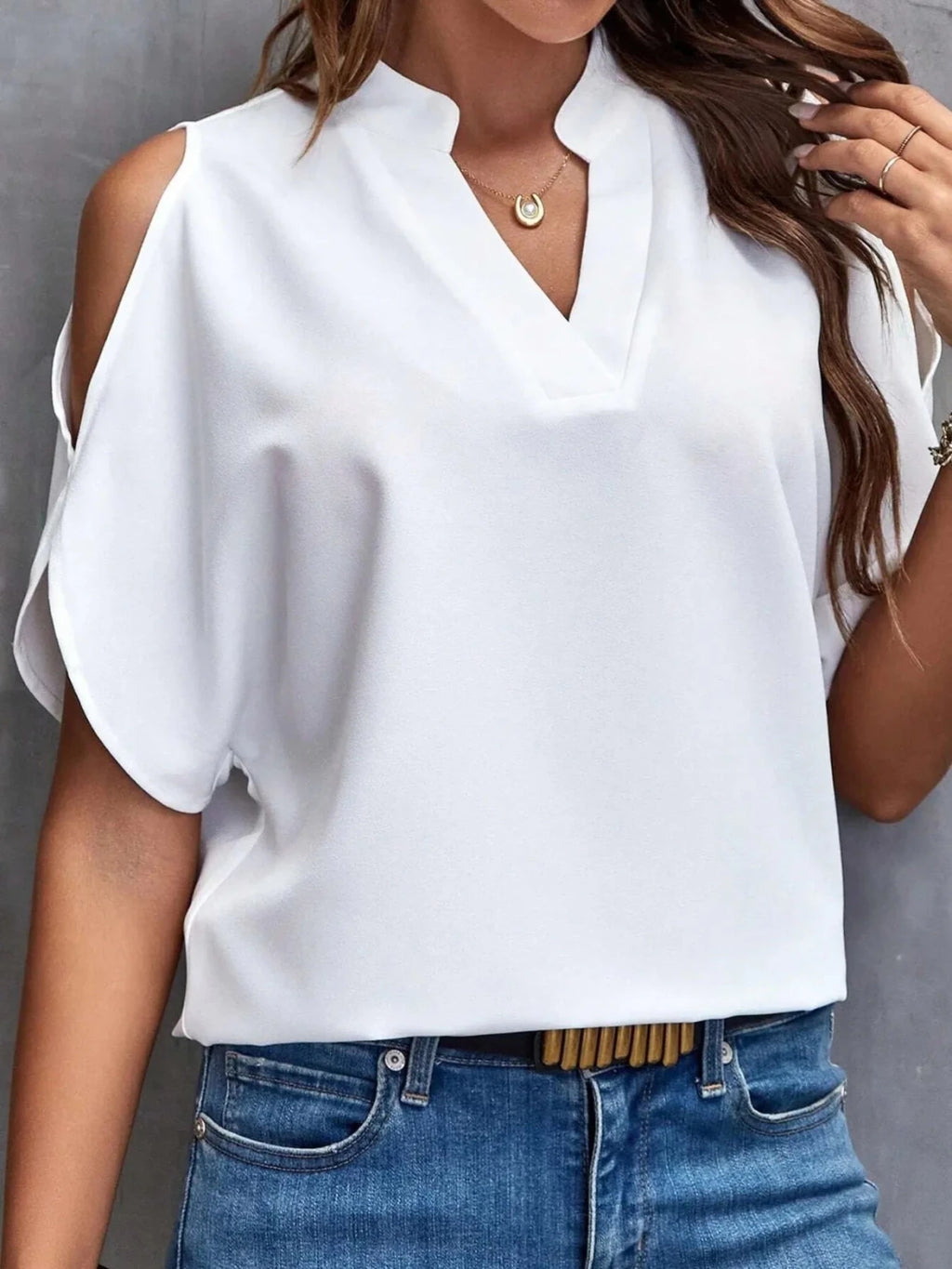 Cold Shoulder Notched Blouse - Hinnulus
