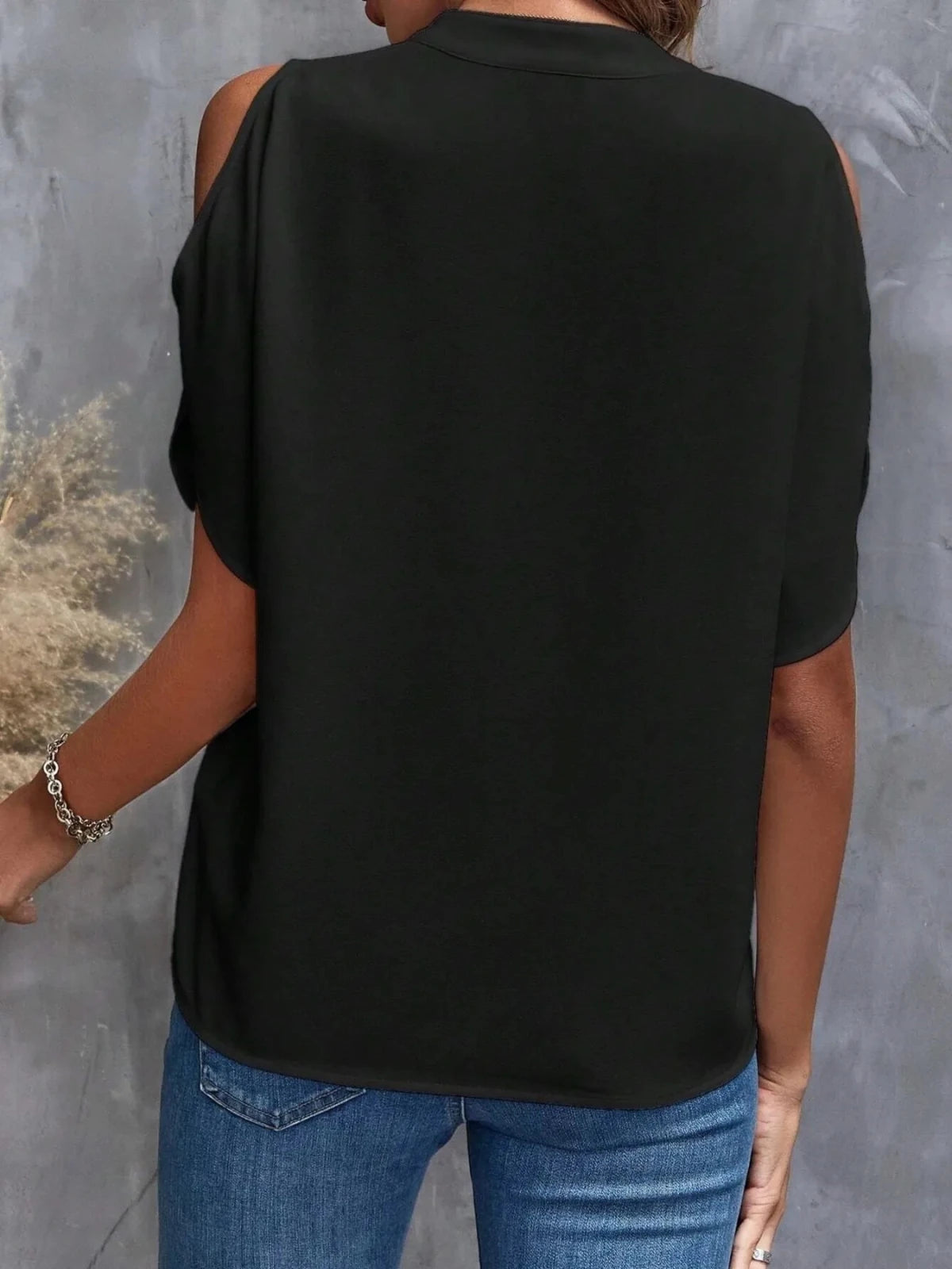 Cold Shoulder Notched Blouse - Hinnulus