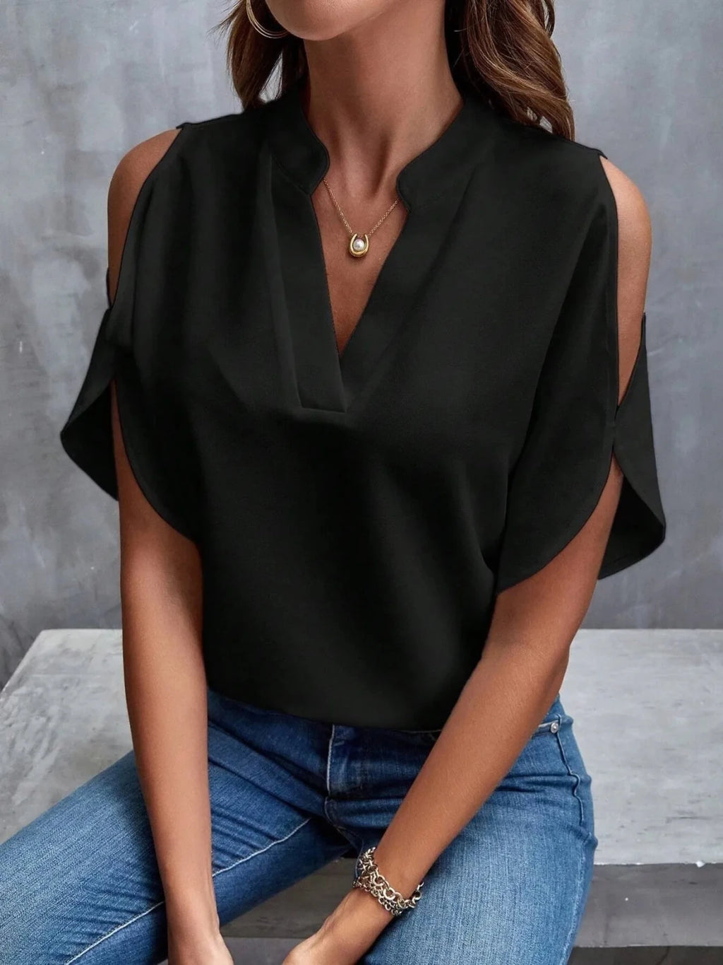 Cold Shoulder Notched Blouse - Hinnulus
