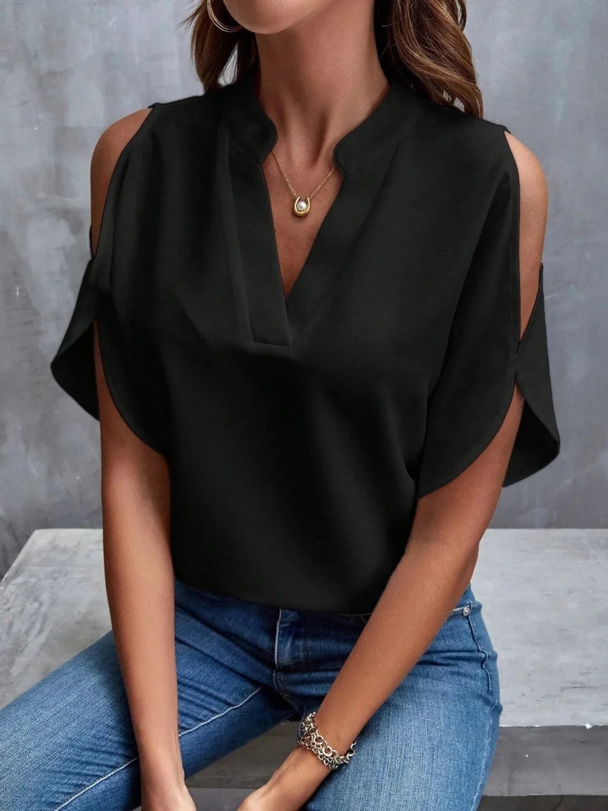 Cold Shoulder Notched Blouse - Hinnulus