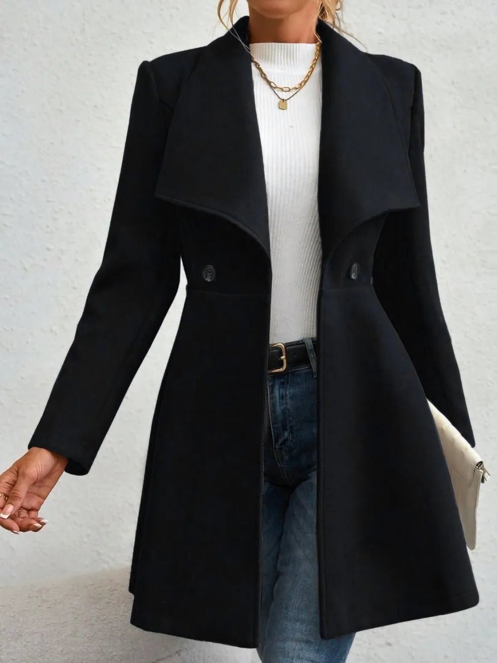 Collared Neck Button Up Long Sleeve Coat - Hinnulus