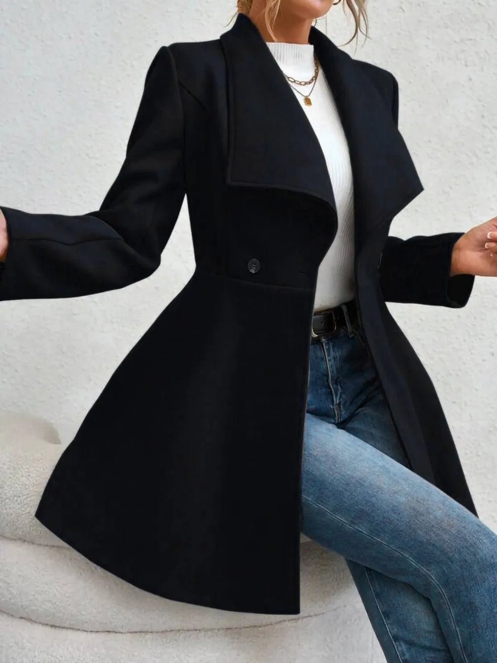 Collared Neck Button Up Long Sleeve Coat - Hinnulus