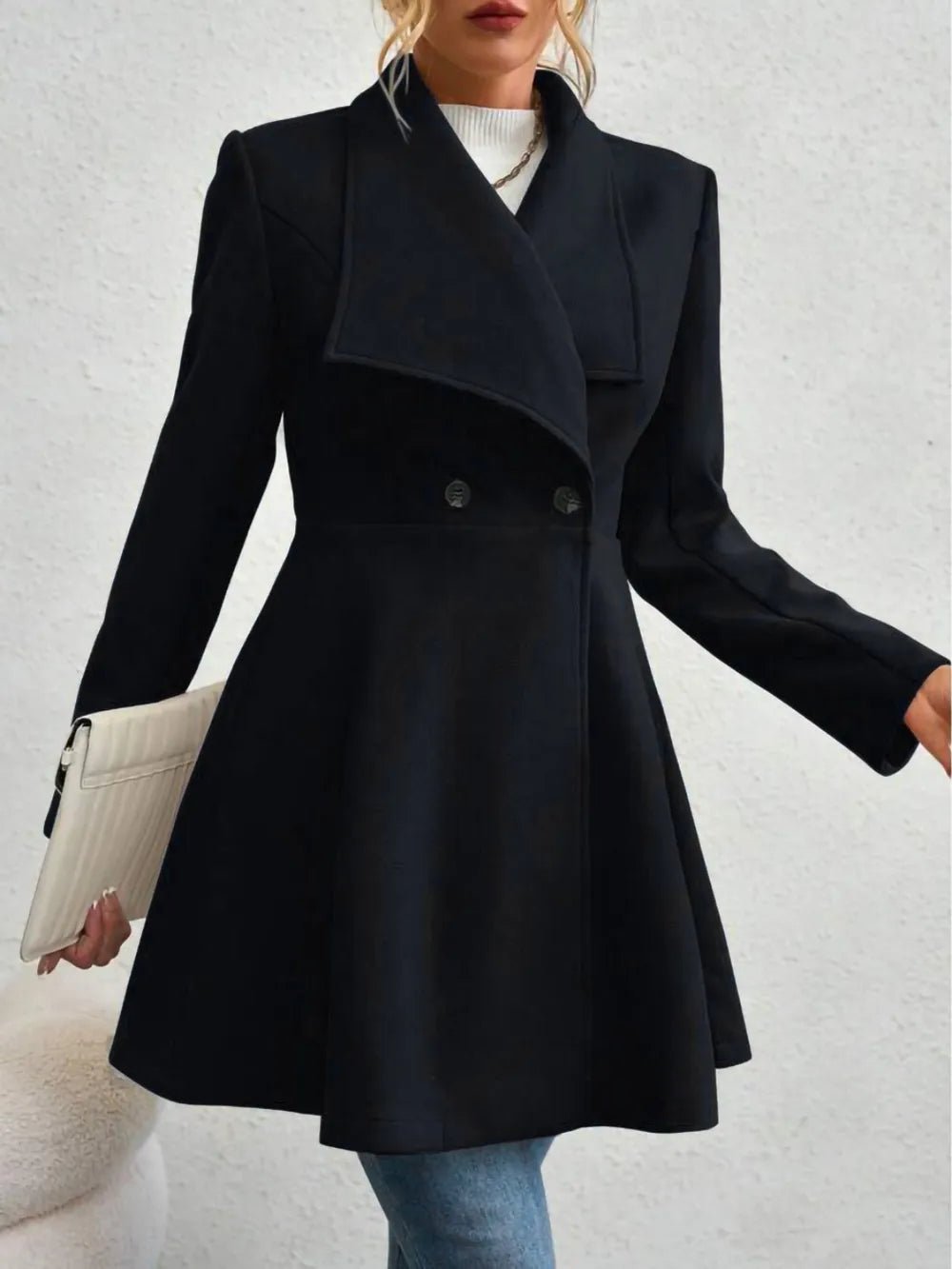 Collared Neck Button Up Long Sleeve Coat - Hinnulus