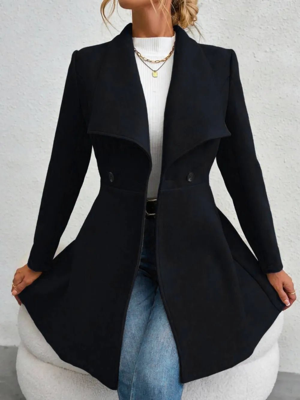Collared Neck Button Up Long Sleeve Coat - Hinnulus