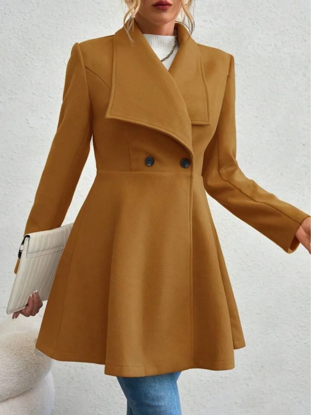 Collared Neck Button Up Long Sleeve Coat - Hinnulus