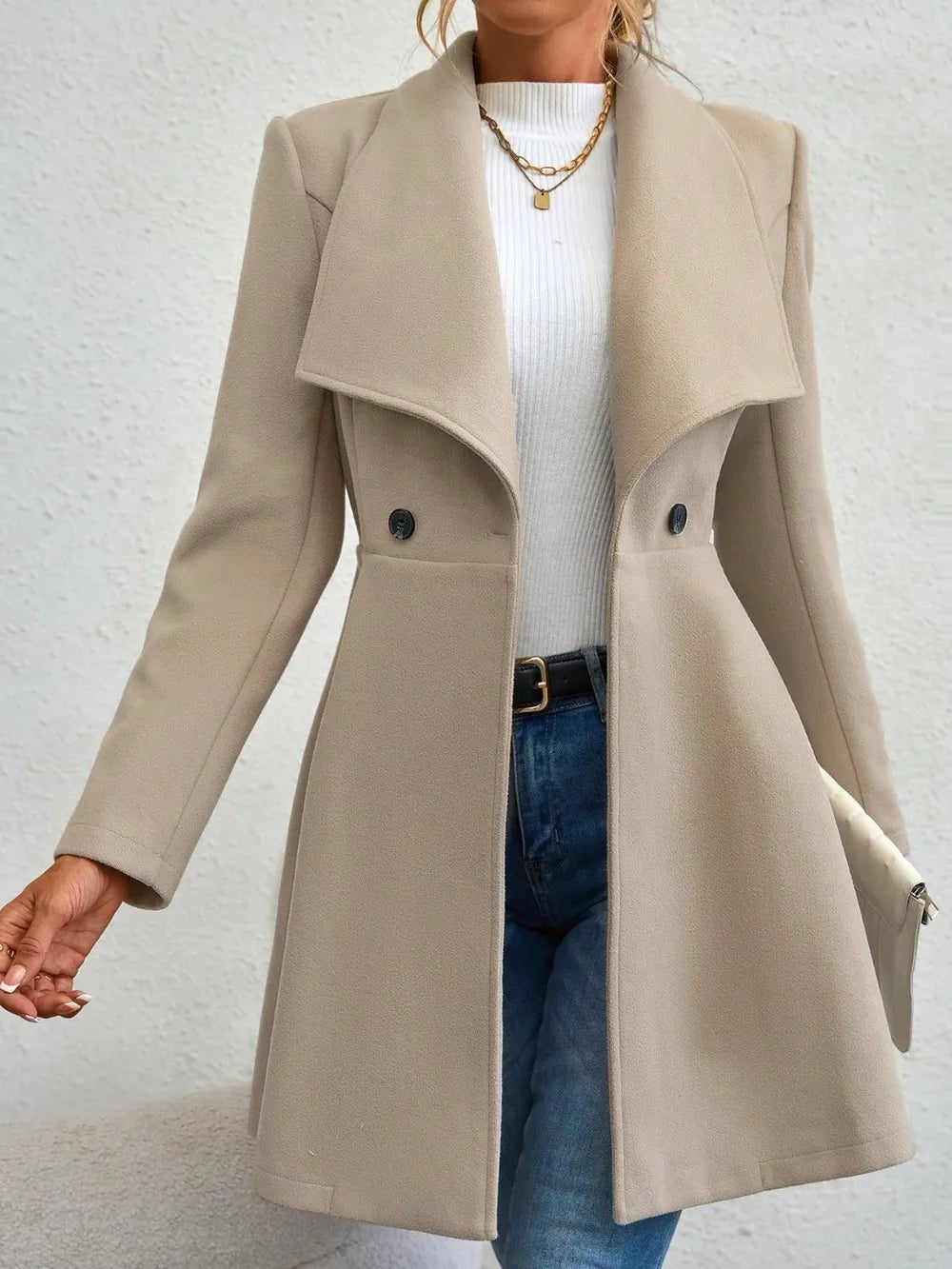 Collared Neck Button Up Long Sleeve Coat - Hinnulus