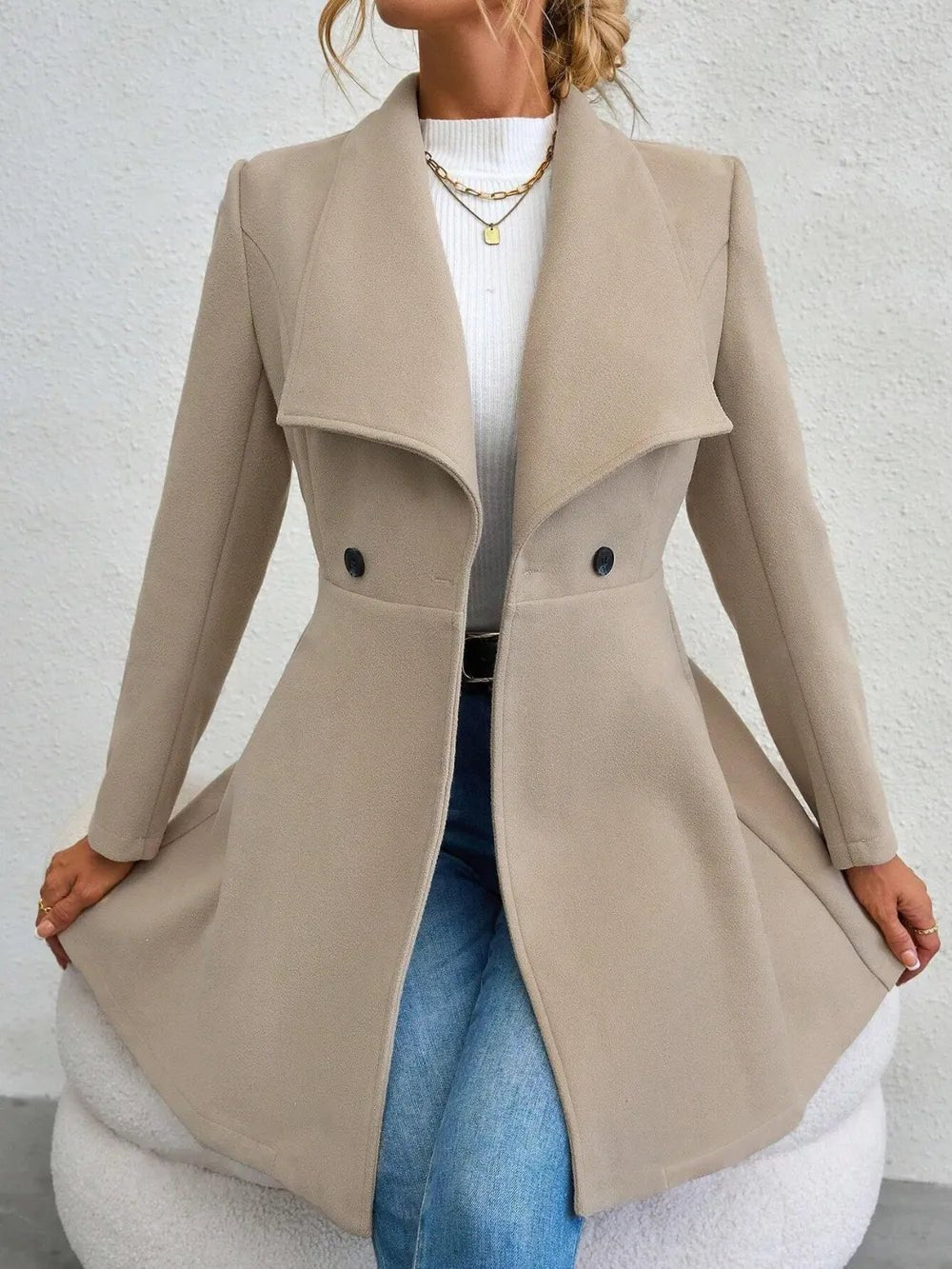 Collared Neck Button Up Long Sleeve Coat - Hinnulus