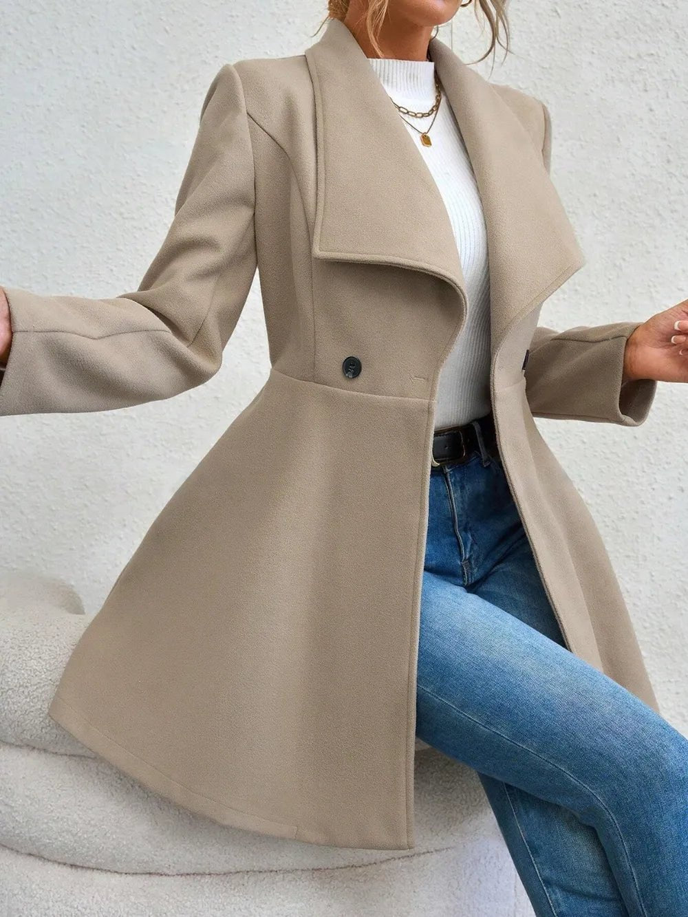 Collared Neck Button Up Long Sleeve Coat - Hinnulus