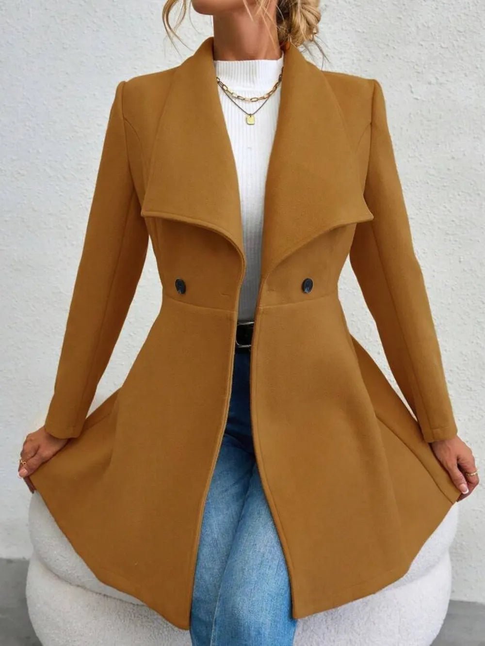 Collared Neck Button Up Long Sleeve Coat - Hinnulus