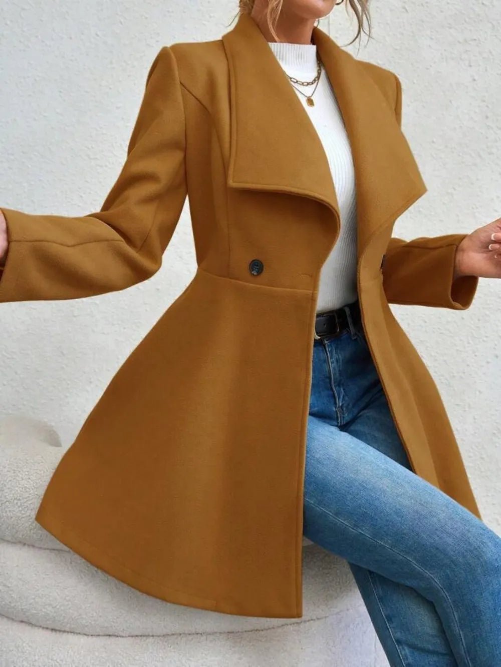 Collared Neck Button Up Long Sleeve Coat - Hinnulus