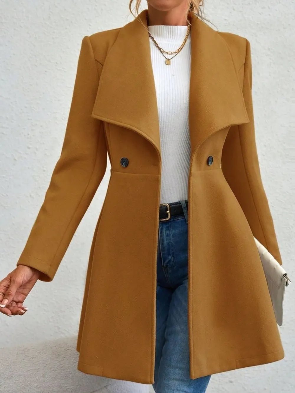 Collared Neck Button Up Long Sleeve Coat - Hinnulus