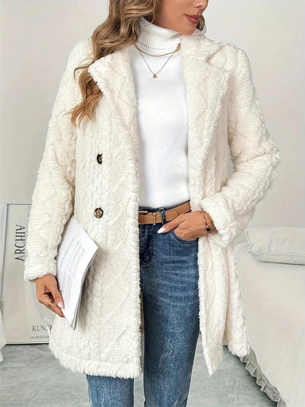 Fleece Double - Breasted Longline Coat - Hinnulus