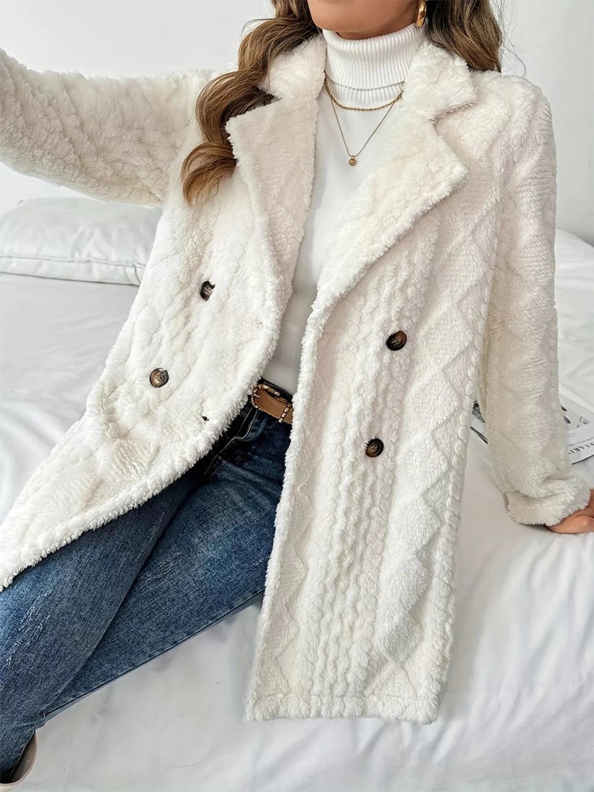 Fleece Double - Breasted Longline Coat - Hinnulus