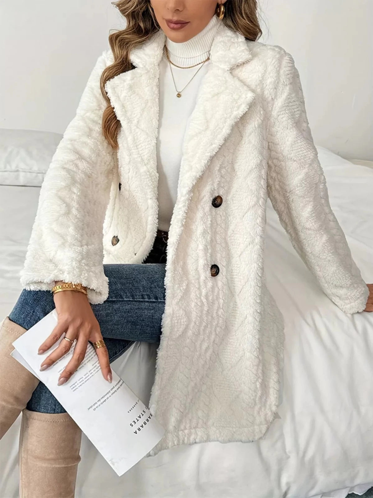 Fleece Double - Breasted Longline Coat - Hinnulus