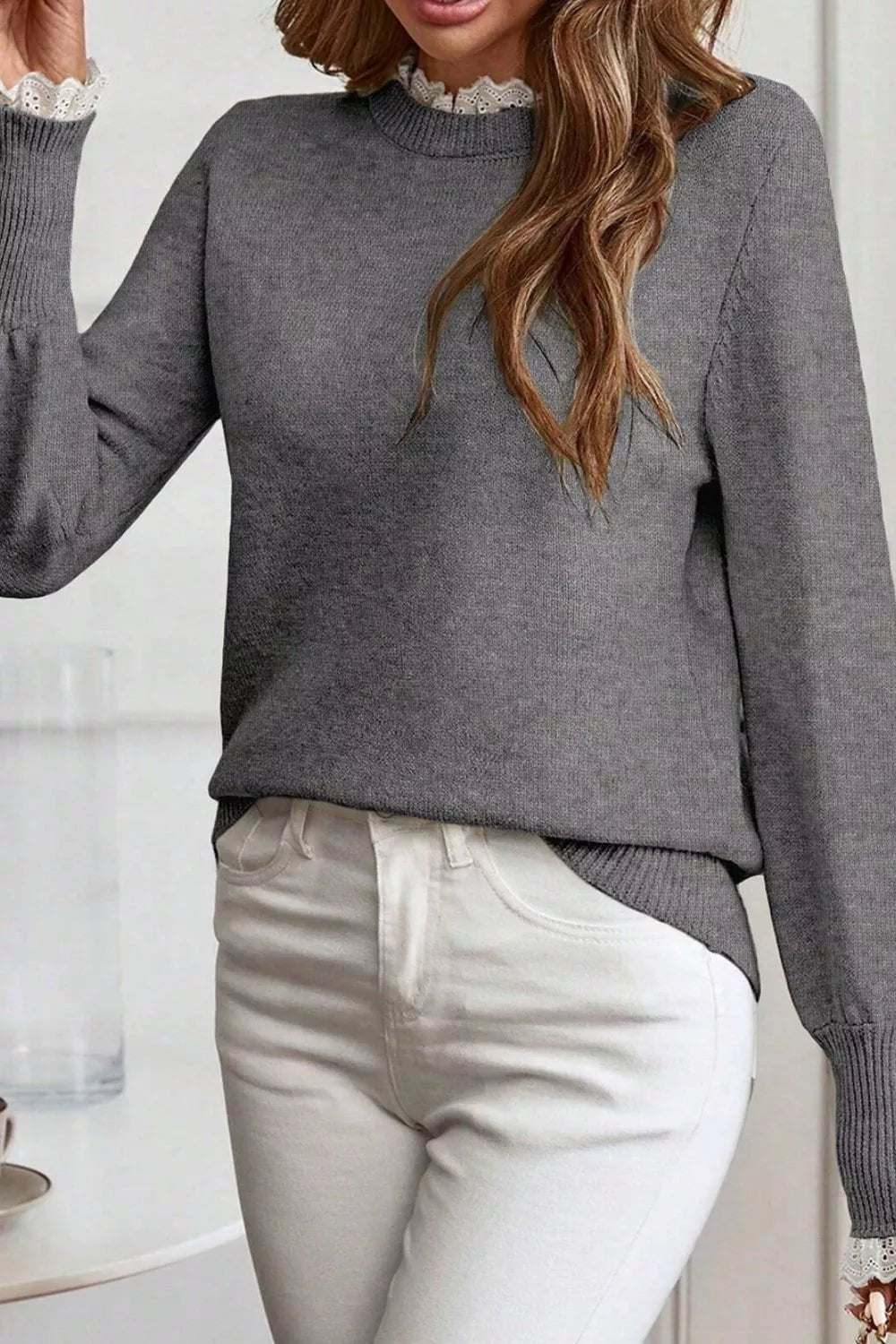 Lace Trim Mock Neck Sweater - Hinnulus