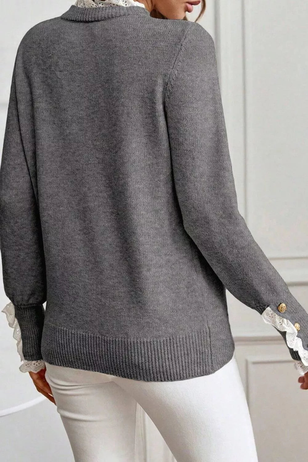 Lace Trim Mock Neck Sweater - Hinnulus