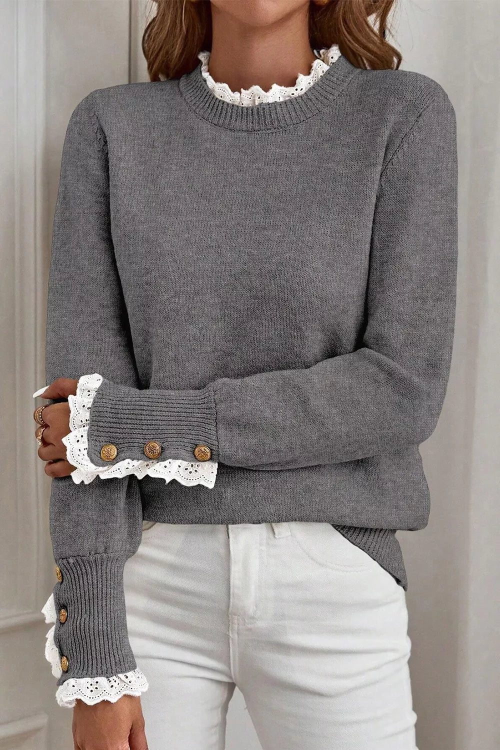 Lace Trim Mock Neck Sweater - Hinnulus