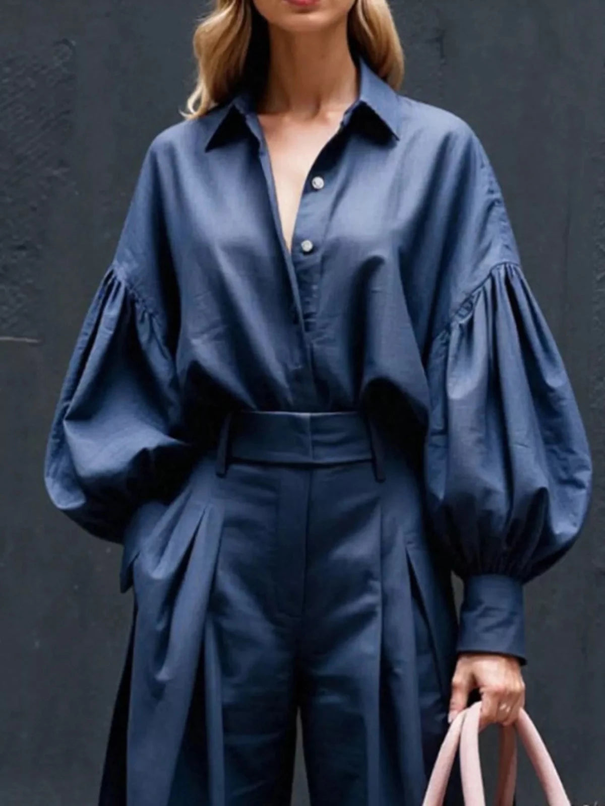 Lantern Sleeve Shirt and Wide Leg Pants Set - Hinnulus