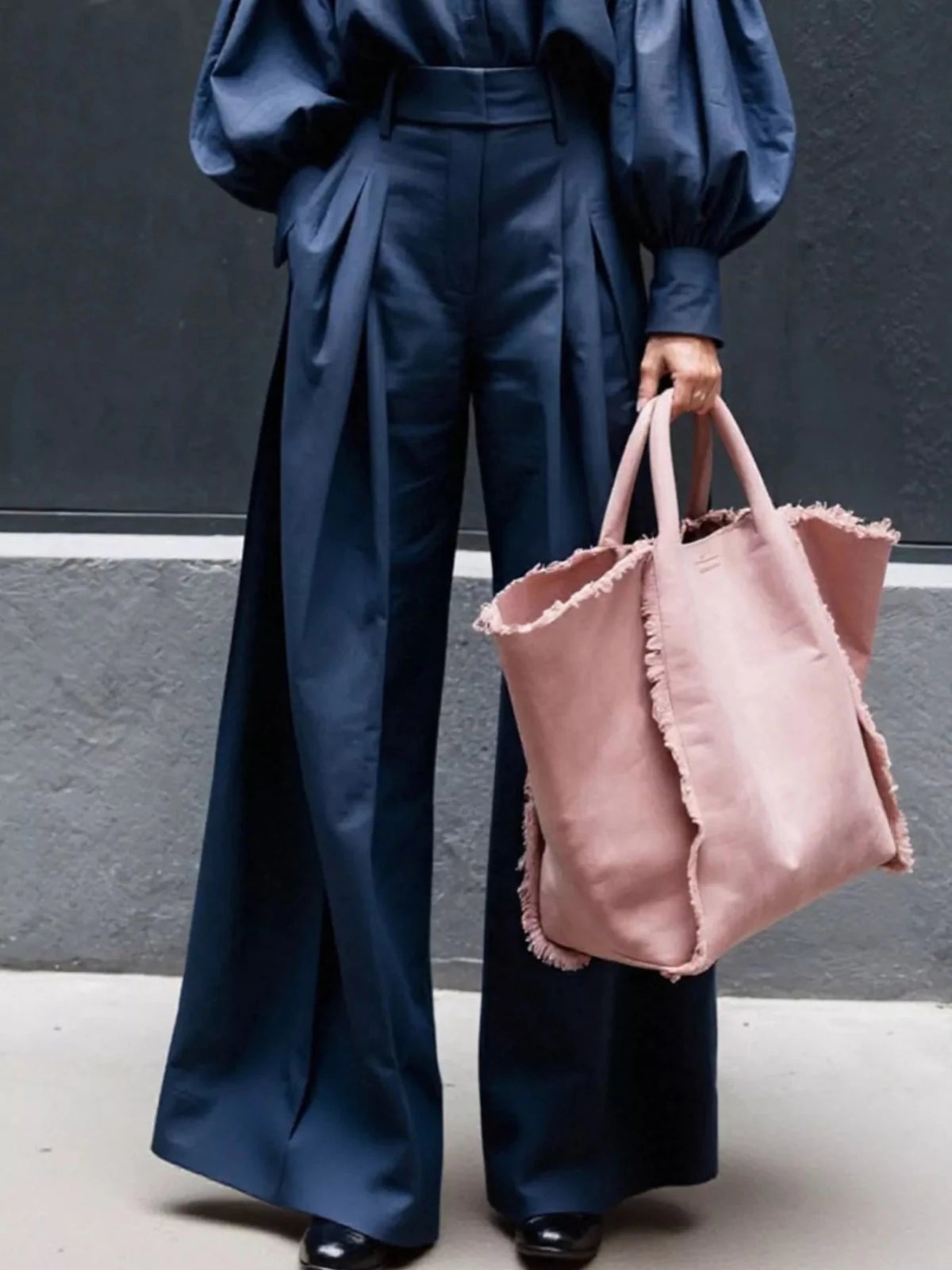 Lantern Sleeve Shirt and Wide Leg Pants Set - Hinnulus