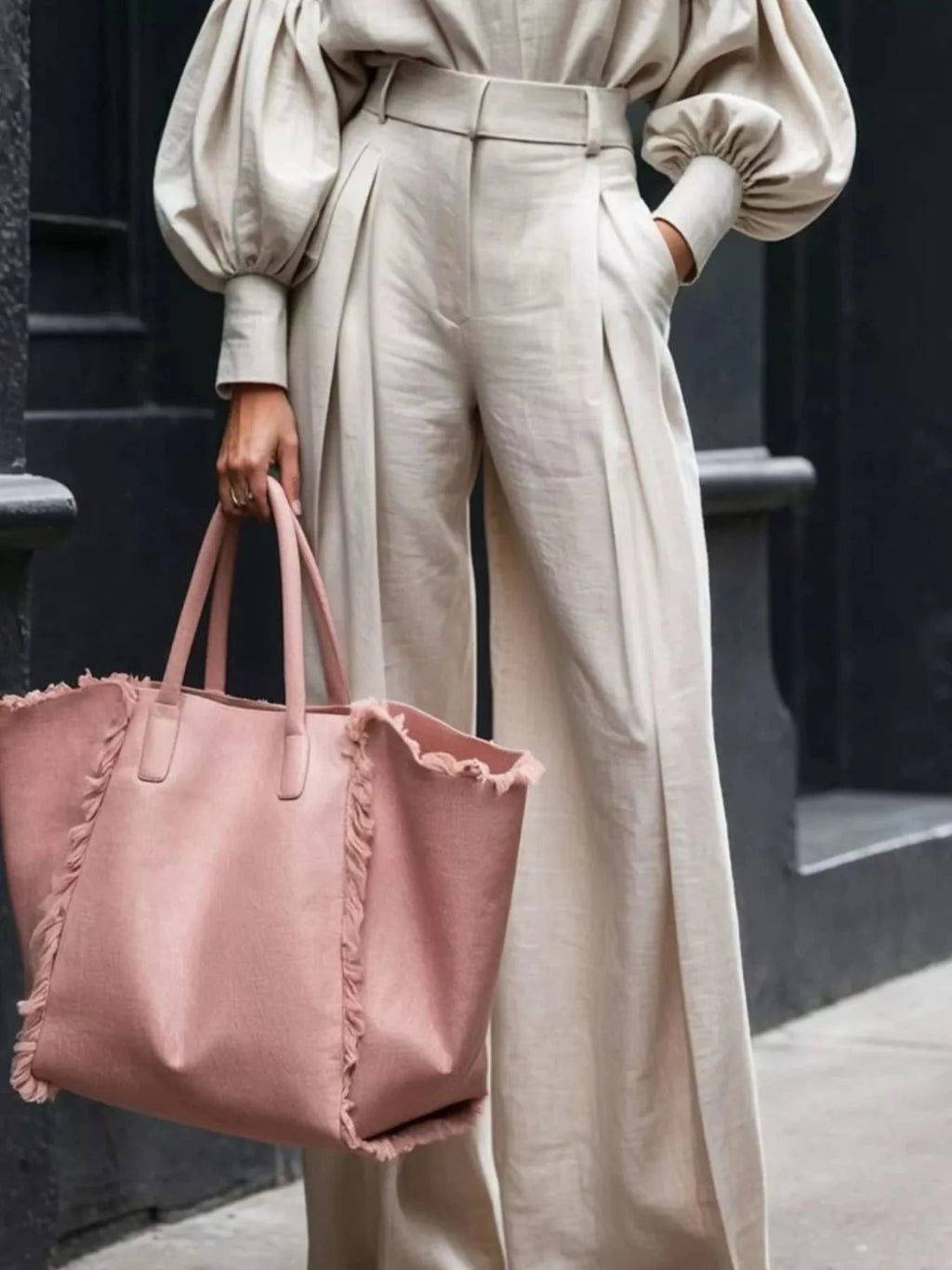 Lantern Sleeve Shirt and Wide Leg Pants Set - Hinnulus