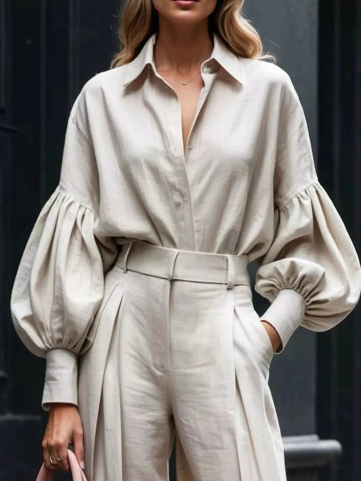 Lantern Sleeve Shirt and Wide Leg Pants Set - Hinnulus