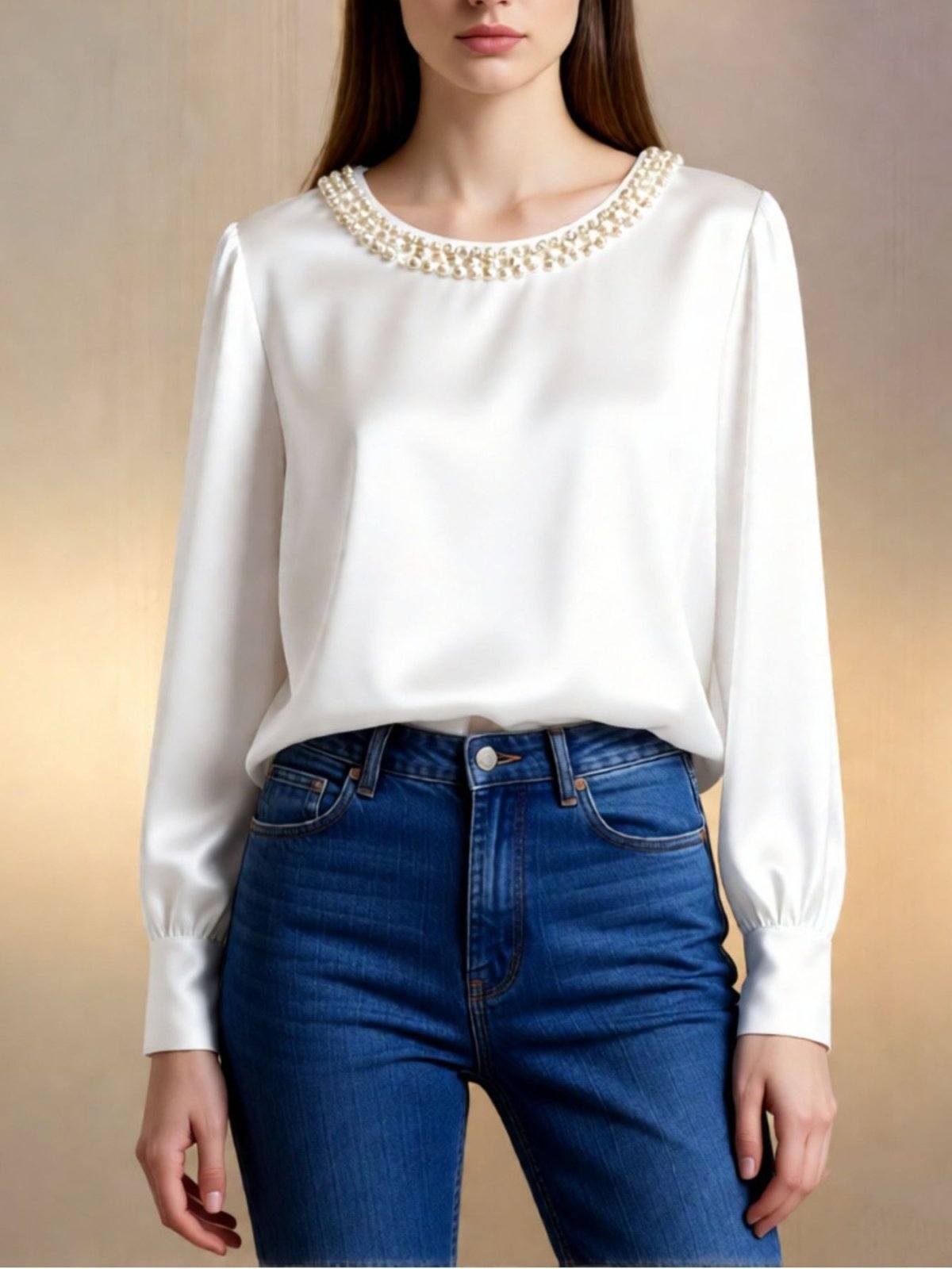 Pearl Trim Round Neck Silk Blouse - Hinnulus