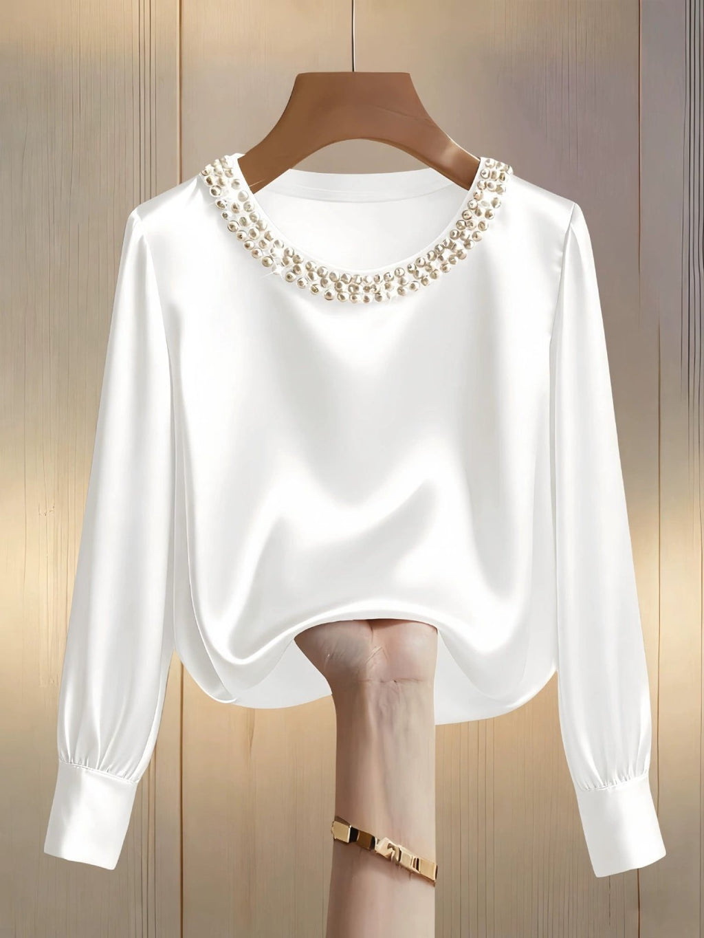 Pearl Trim Round Neck Silk Blouse - Hinnulus