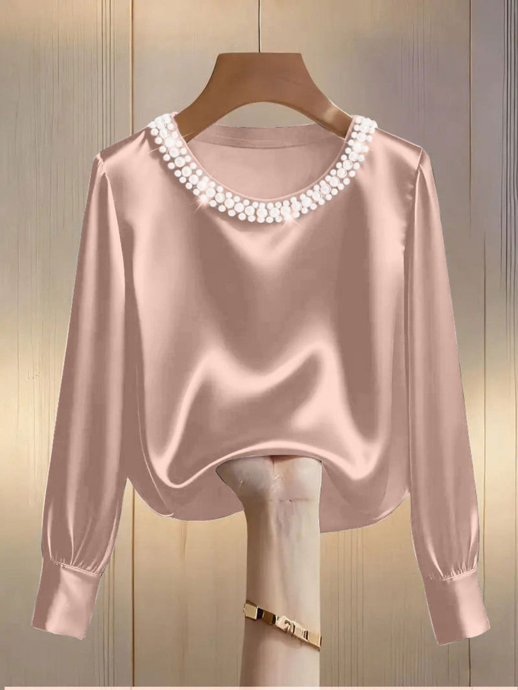 Pearl Trim Round Neck Silk Blouse - Hinnulus