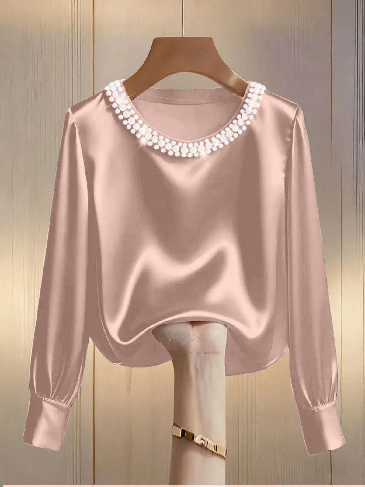 Pearl Trim Round Neck Silk Blouse - Hinnulus