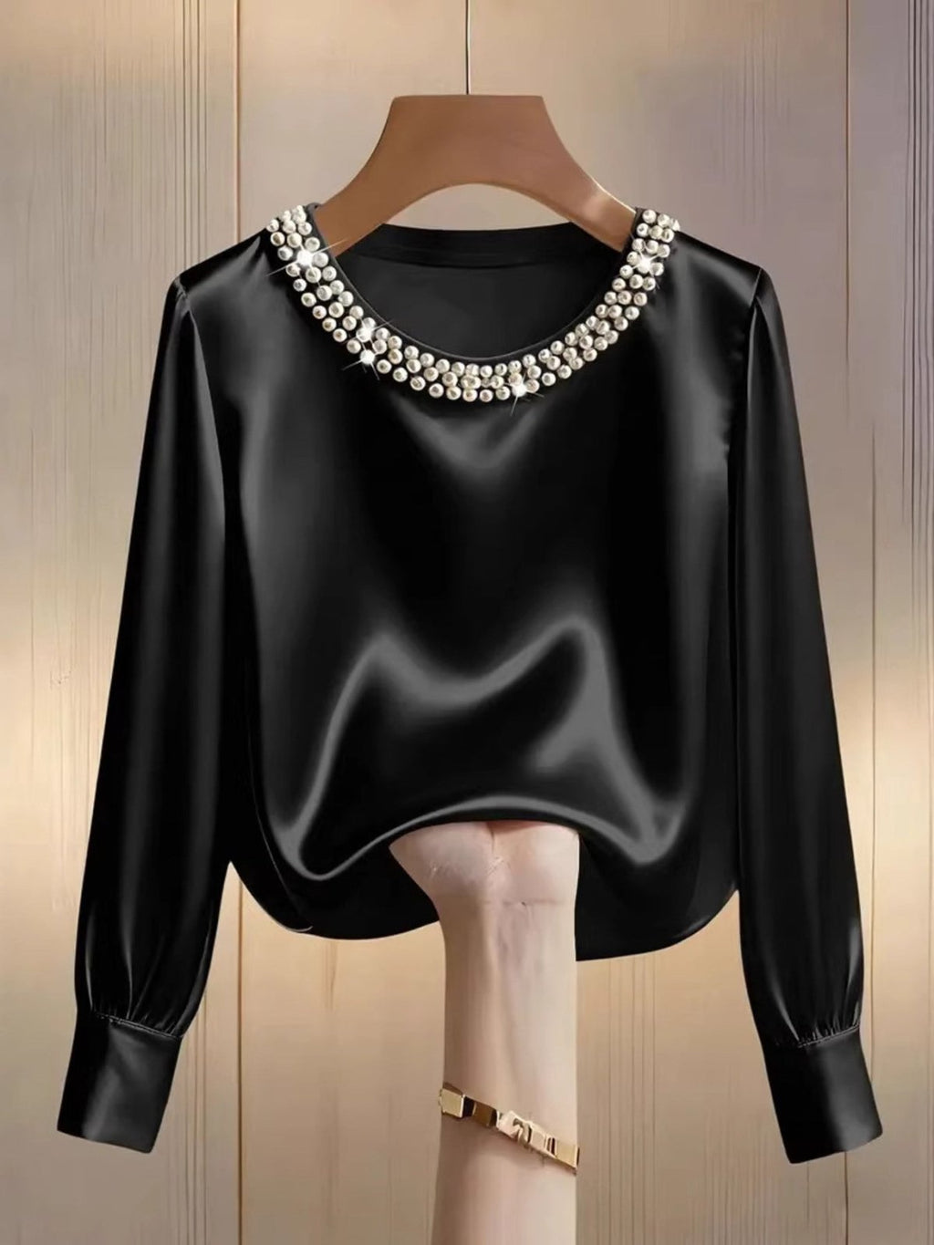 Pearl Trim Round Neck Silk Blouse - Hinnulus