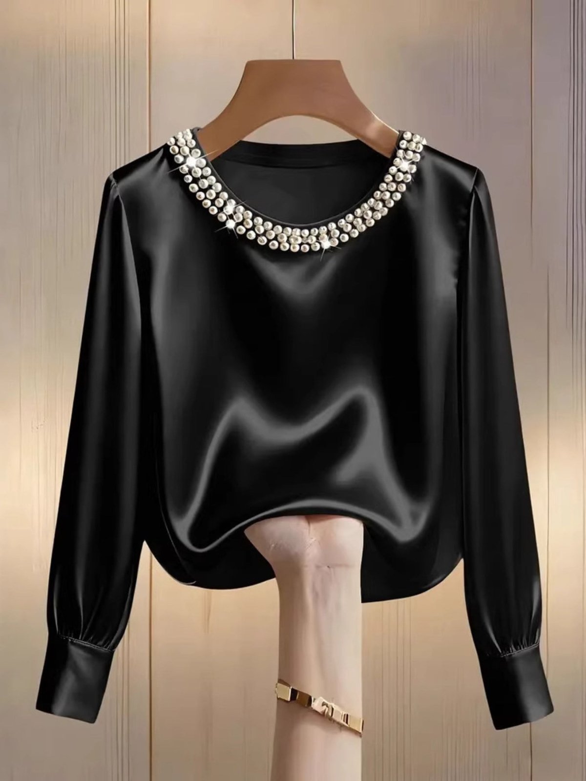 Pearl Trim Round Neck Silk Blouse - Hinnulus