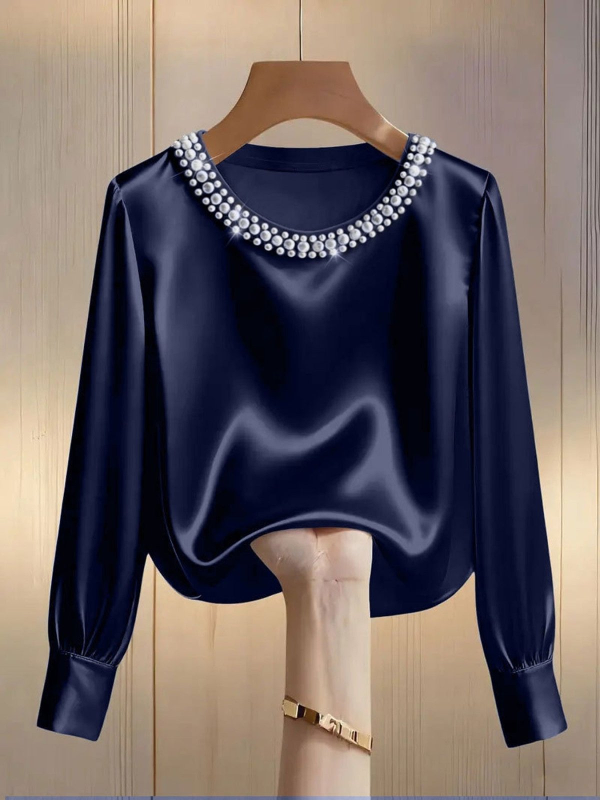 Pearl Trim Round Neck Silk Blouse - Hinnulus