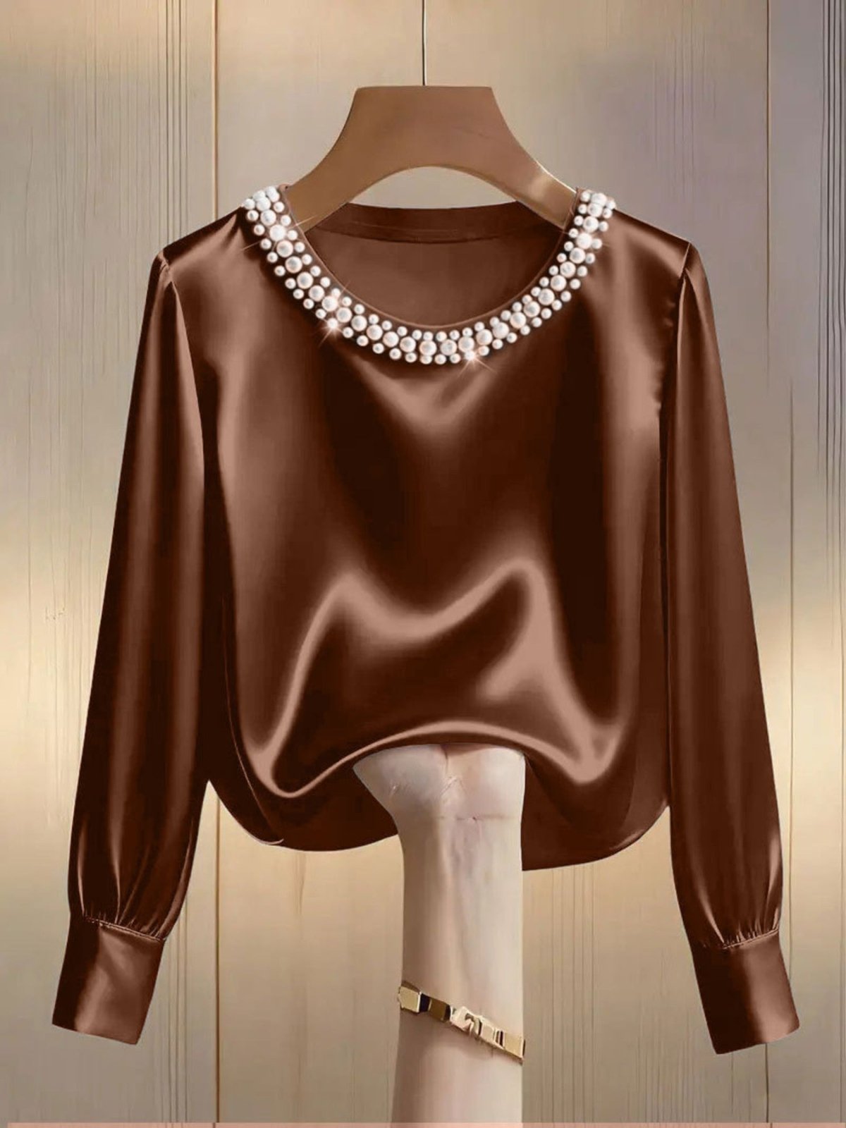 Pearl Trim Round Neck Silk Blouse - Hinnulus