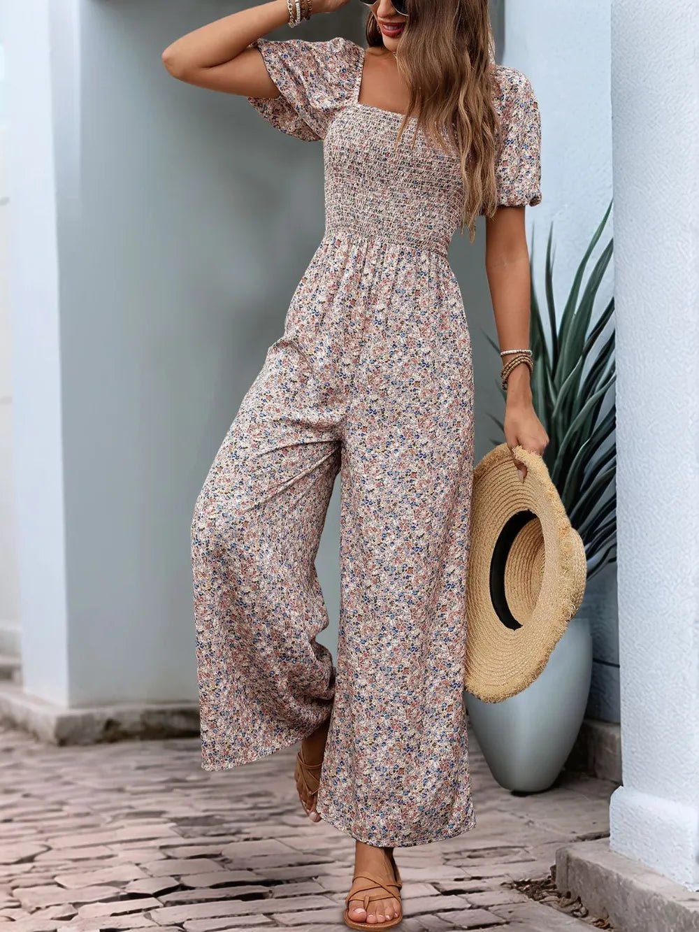 Perfee Ditsy Floral Smocked Square Neck Puff Sleeve Jumpsuit - Hinnulus