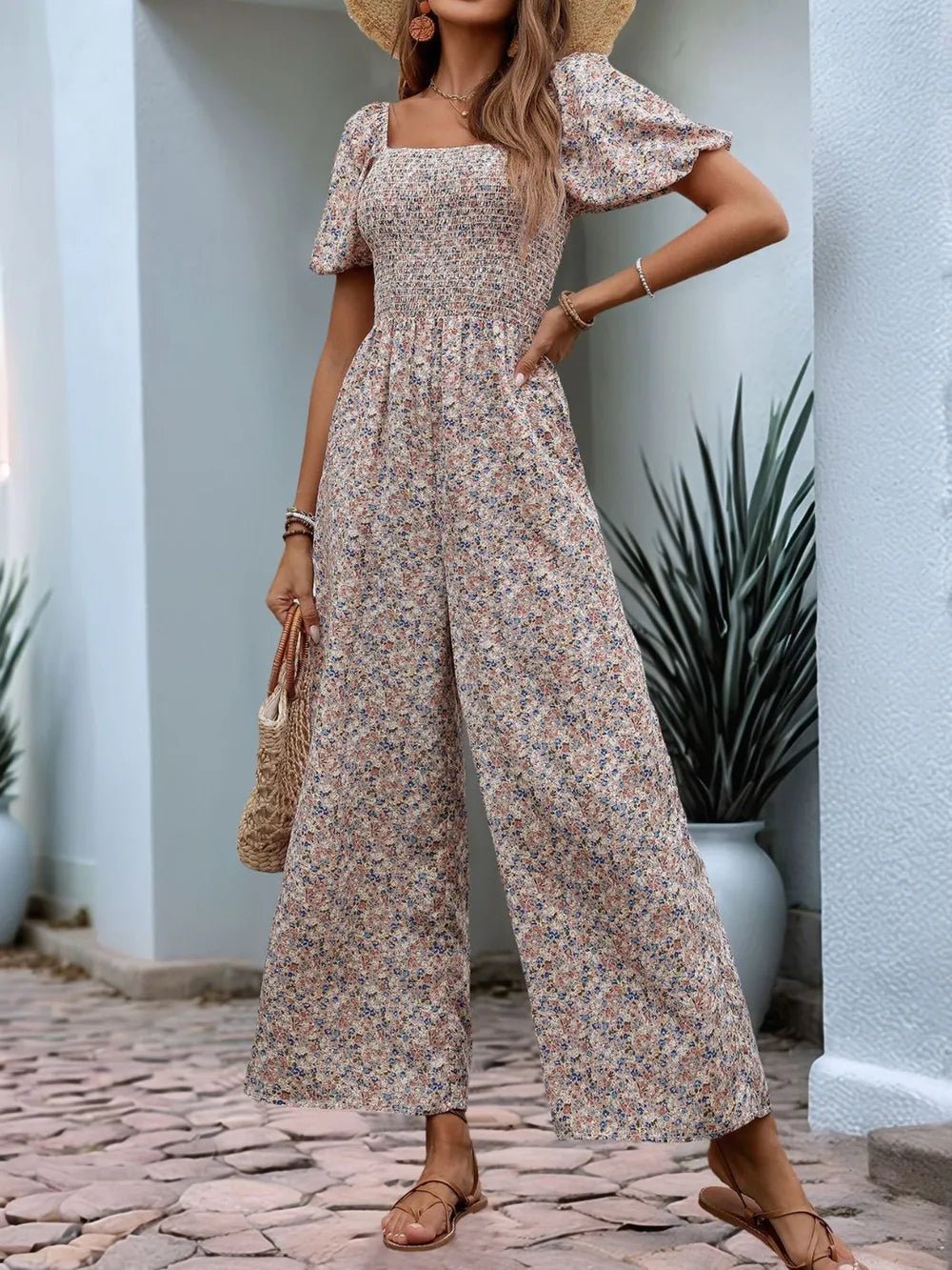 Perfee Ditsy Floral Smocked Square Neck Puff Sleeve Jumpsuit - Hinnulus