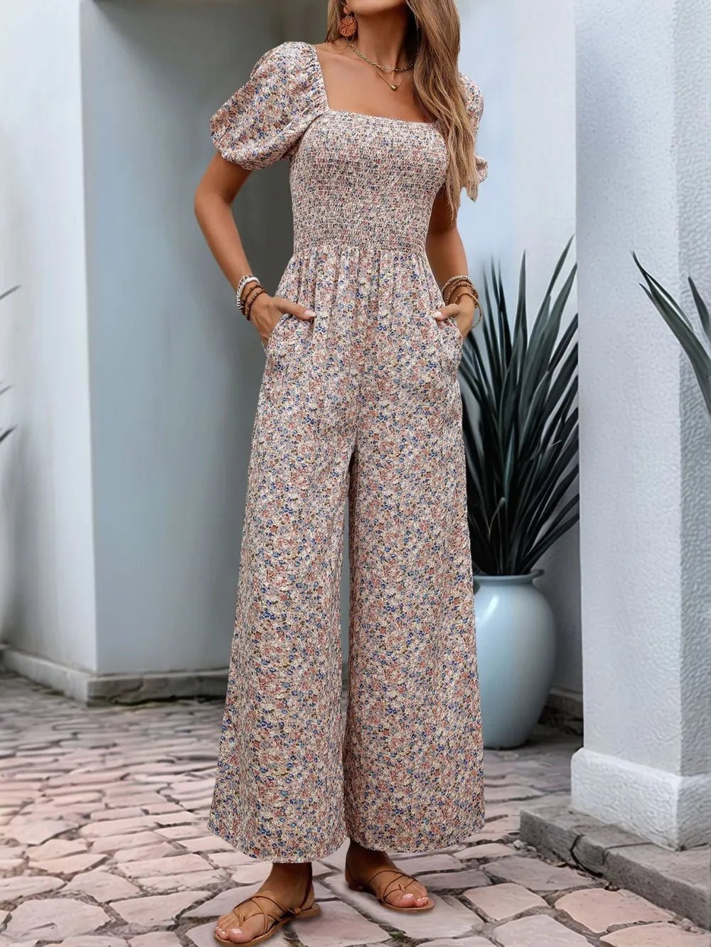 Perfee Ditsy Floral Smocked Square Neck Puff Sleeve Jumpsuit - Hinnulus
