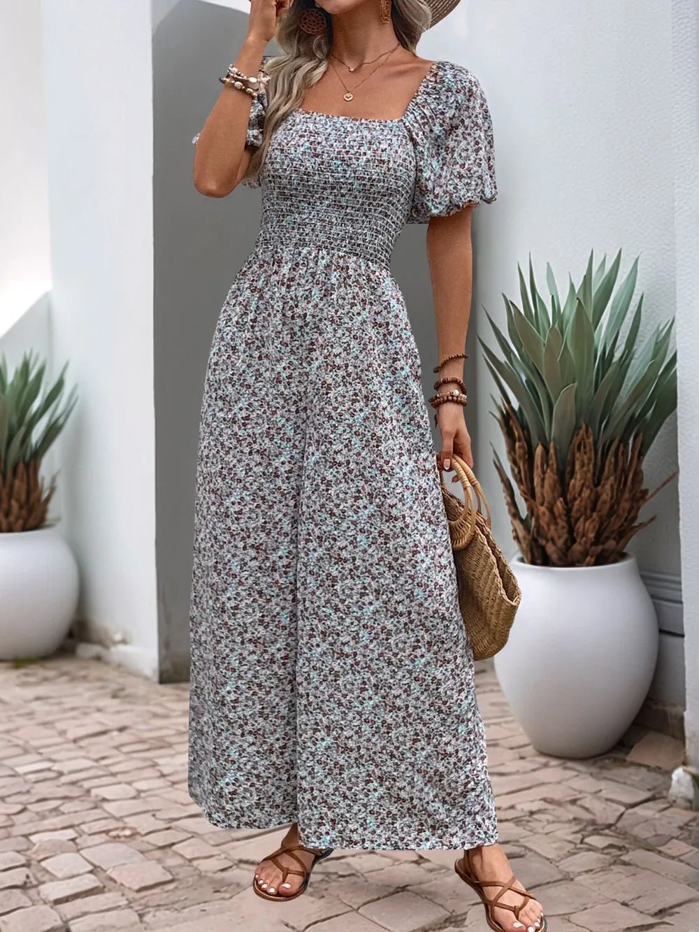 Perfee Ditsy Floral Smocked Square Neck Puff Sleeve Jumpsuit - Hinnulus