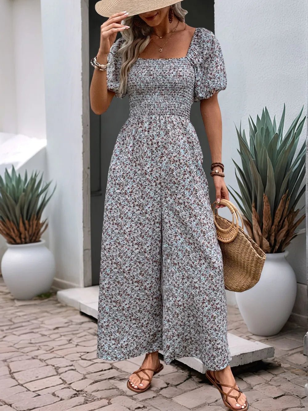 Perfee Ditsy Floral Smocked Square Neck Puff Sleeve Jumpsuit - Hinnulus