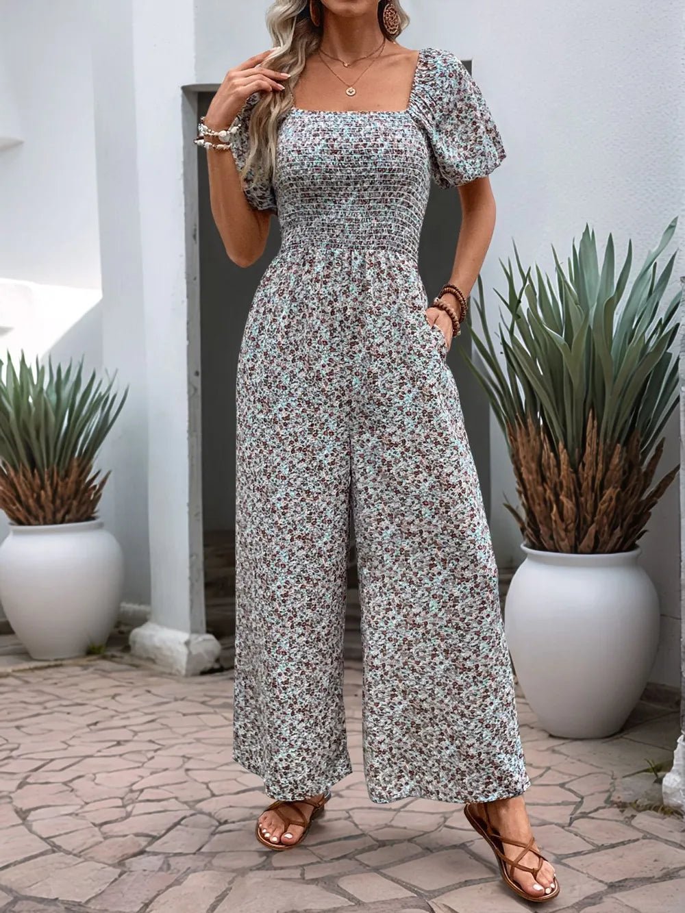 Perfee Ditsy Floral Smocked Square Neck Puff Sleeve Jumpsuit - Hinnulus