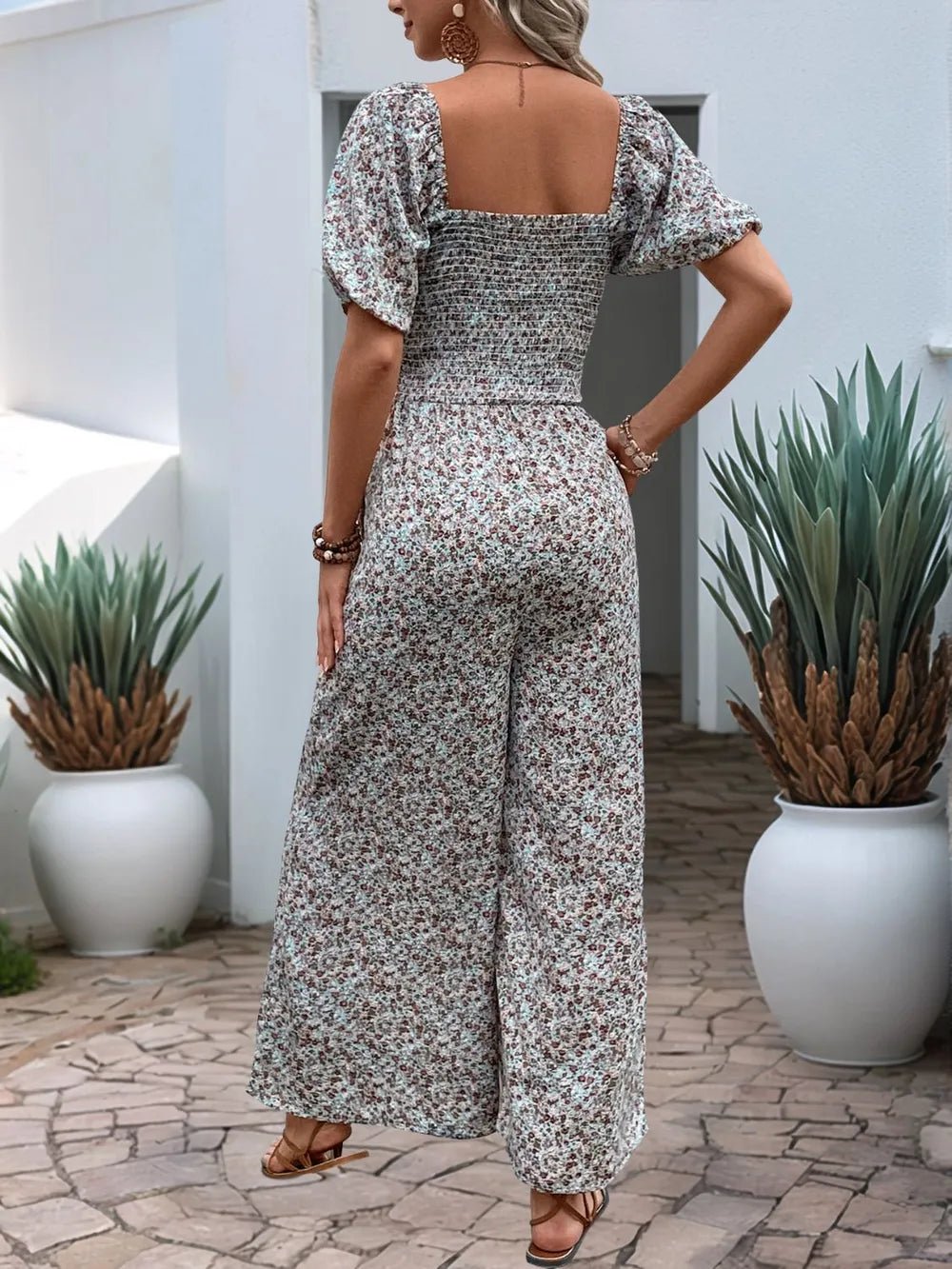 Perfee Ditsy Floral Smocked Square Neck Puff Sleeve Jumpsuit - Hinnulus