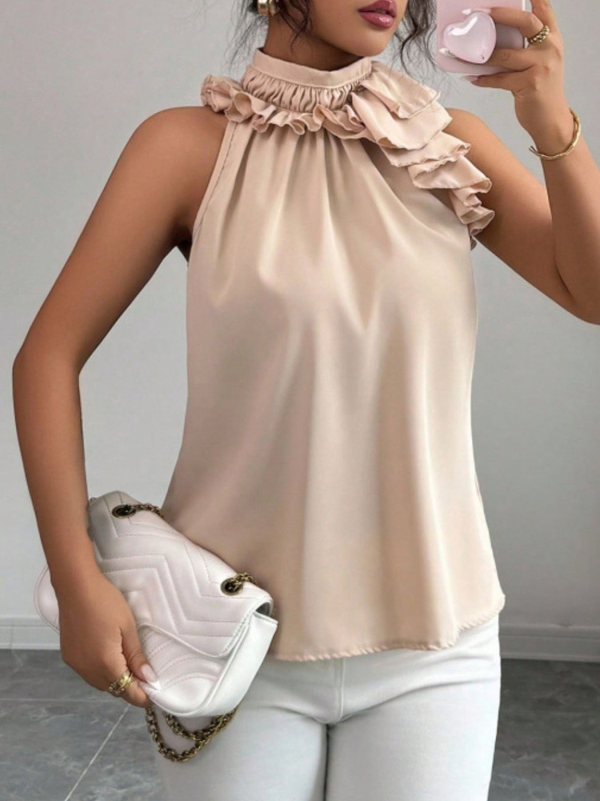 Ruffle High Neck Sleeveless Top - Hinnulus